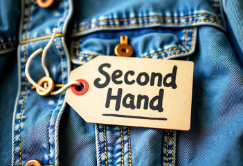 A "Second-Hand" tag on a vintage denim jacket. Sustainable fashion, thrifting.