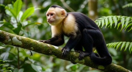 Obraz premium White faced Capuchin monkey on a moss covered tree branch in a dense tropical rainforest environment