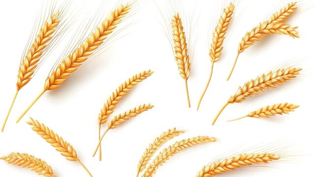 A close-up of a bunch of ripe wheat grains on a white surface