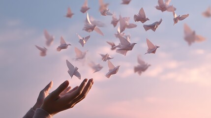 open hands releasing paper birds into the sky, soft pastel background, concept of emotional release and freedom, minimal composition, airy light, v7 