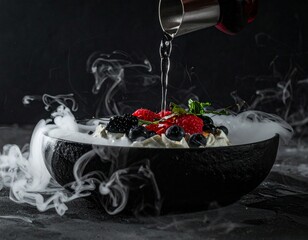 Culinary Smoke Show: A gourmet dessert plate, adorned with vibrant berries, experiences a touch of drama as liquid is delicately poured, creating an enchanting smoky display. 