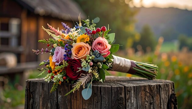 A vibrant bouquet of colorful flowers, including roses and sunflowers, rests on a weathered wooden stump, set against a blurred nature backdrop