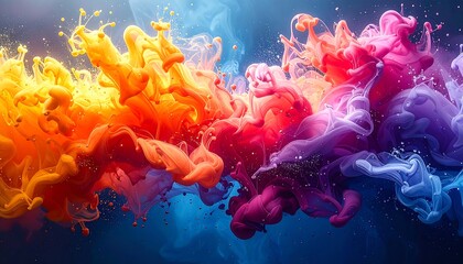 Vibrant, abstract image of swirling, multicolored paint plumes against a dark blue backdrop. Dynamic textures and fluid forms create visual interest