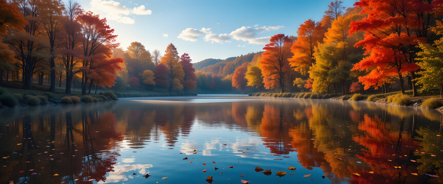 Beautiful autumn landscape with colorful foliage in the park, calm lake reflecting orange and red maple trees, warm sunlight glimmering on the water surface