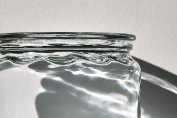 Close-up of a glass jar's top with ripples and reflections, casting shadows