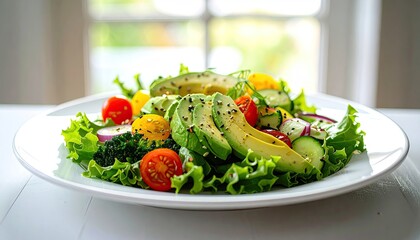 Fresh Green Salad With Avocado Cherry Tomatoes Cucumber Broccoli And Red Onion Dressed With Seeds On A White Plate