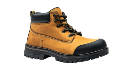 Tan leather boot with black trim, lugged sole, and rope laces