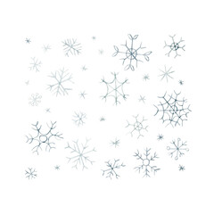 Cute winter snowflakes set. Falling snow flakes. Watercolor illustration isolated on white background for kids Christmas
