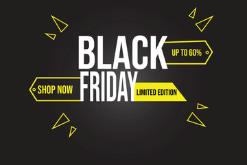 Flat design Black Friday illustration with bold text "Black Friday" on a dark background.The overall style is minimalist and eye catching using black,dark grey and yellow colors.