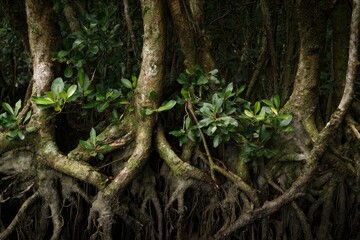 Fototapeta premium Intricate network of gnarled tree roots and lush green foliage in a dark, dense forest