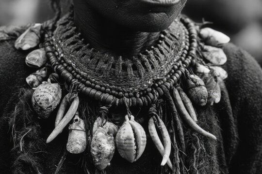 Close-up of a person wearing an intricate handmade shell and tooth necklace