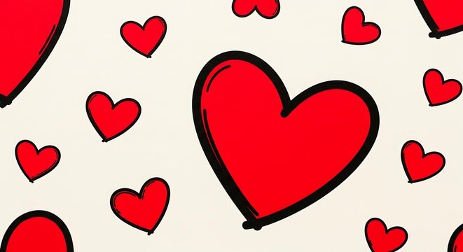 Seamless pattern of red hearts with black outlines on a white background, creating a lovethemed design perfect for valentines day and romantic occasions