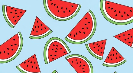 A refreshing pattern of watermelon slices on a light blue background creates a summery and playful design, perfect for adding a touch of sweetness and fun to any project