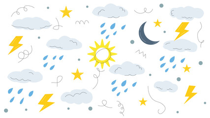 Weather elements pattern with sun, cloud, rain, and thunder illustration