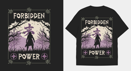 Epic forbidden power t-shirt design featuring a lone figure in an enchanted forest landscape