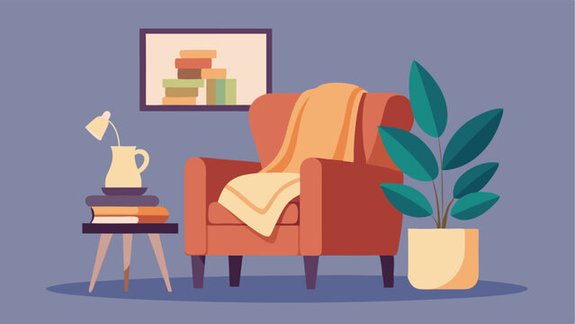 A cozy reading nook with a plush armchair a soft throw blanket and a potted plant creating an inviting spot to relax.