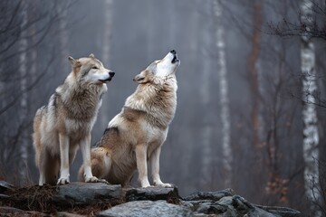 Fototapeta premium Two Wolves Howling Together in Misty Winter Forest Landscape Scene
