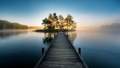Obraz premium morning misty landscape on the lake wooden pier and island with trees on the lake