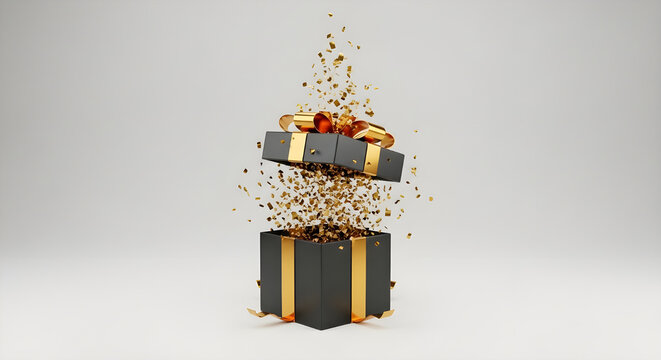 Black Gift Box Open Gold Ribbon Explosion Confetti White - Powered by Adobe
