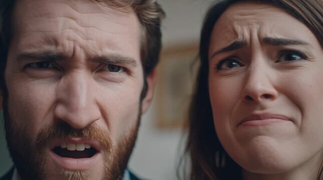 Young adult man and woman grimacing intensely with disgust and disappointment, reacting to an unpleasant surprise or bad news, showcasing shared stress and worry.