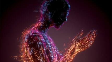 Human silhouette dissolving into floating code and neon circuits, digital burnout theme, glowing cables wrap around the body, surreal futuristic tone, 