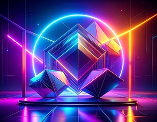 Geometric shapes illuminated by neon lights within a futuristic scene