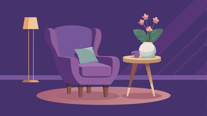 Fototapeta premium A cozy corner featuring a luxurious velvet armchair and a modern side table with a small vase of delicate flowers on top.