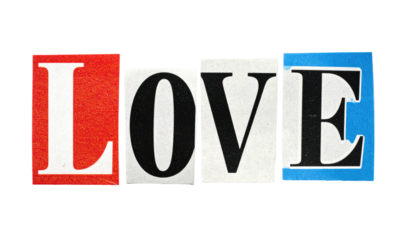 'LOVE' spelled using ransom-note style, cut-out letters