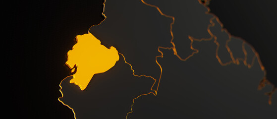 Golden Ecuador 3d map surrounded with other countries in black with golden borders and shallow dof. South America political map with borders