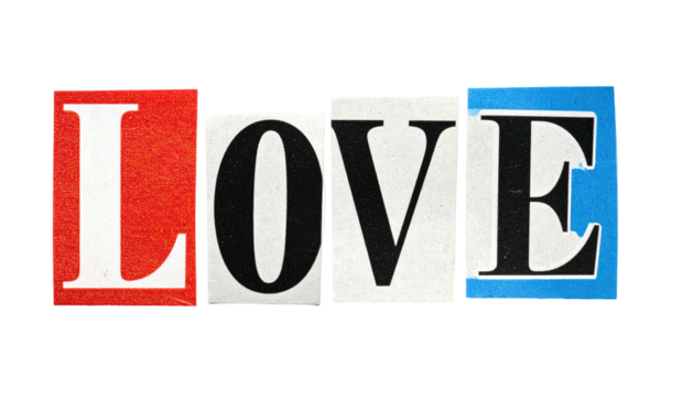 'LOVE' spelled using ransom-note style, cut-out letters - Powered by Adobe