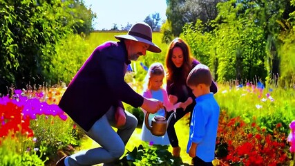 Family with son and daughter gardening together and watering plants in a beautiful sunny flower garden. Parents teaching children about nature, horticulture and enjoying a wholesome outdoor hobby. - Powered by Adobe