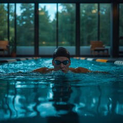 Professional Athlete Practicing Swimming Technique in Indoor Pool with Zen Forest Green Natural Light