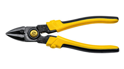 Close-up studio shot of wire cutters, with black blades and vibrant yellow handles