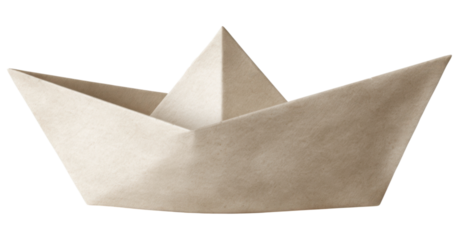 A simple white paper boat, elegantly folded with a pointed bow and a flat base, showcasing a minimalist design.