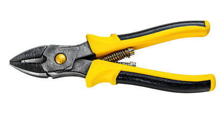Obraz premium Close-up image of open pliers with yellow and black handles, resting on a black backdrop