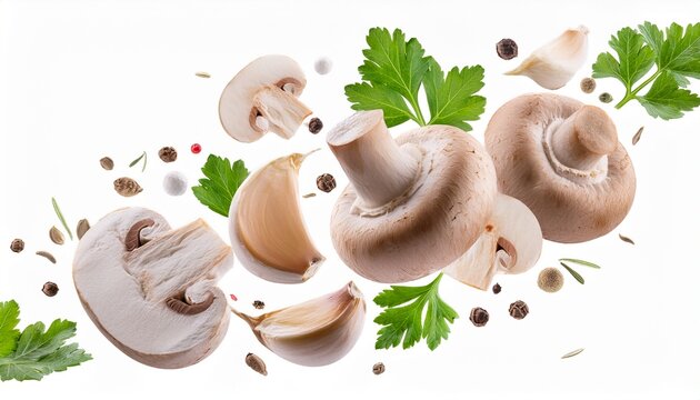 fresh mushrooms garlic herbs and spices falling on white background