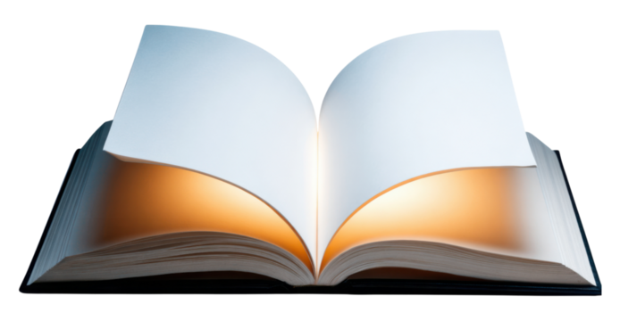 An open book with blank pages, illuminated from within, showcasing its elegant structure and inviting potential for creativity.