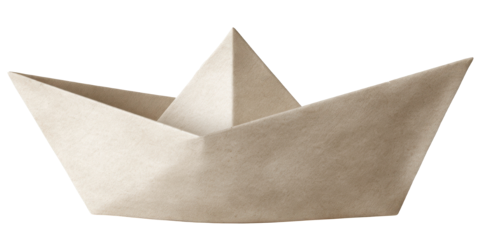 A simple white paper boat, elegantly folded with a pointed bow and a flat base, showcasing a minimalist design.