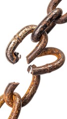 Obraz premium Close-up of a rusted, broken metal chain against a plain white background, emphasizing decay and fragility