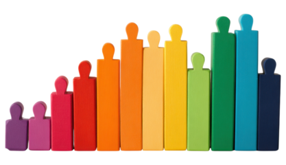 A series of colorful wooden figures graph arranged in ascending order, representing various heights and vibrant shades.