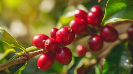 Obraz premium A vibrant close-up of ripe red coffee berries on a plant, with bright, sunny light illuminating the fresh leaves