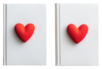 A pair of white books featuring a prominent red heart shape on their covers, symbolizing love and affection.