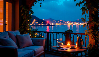 A modern interior with panoramic views of the city at night, bathed in neon lights, and an emphasis on a cozy atmosphere. Panoramic windows, upholstered furniture, including a sofa with pillows