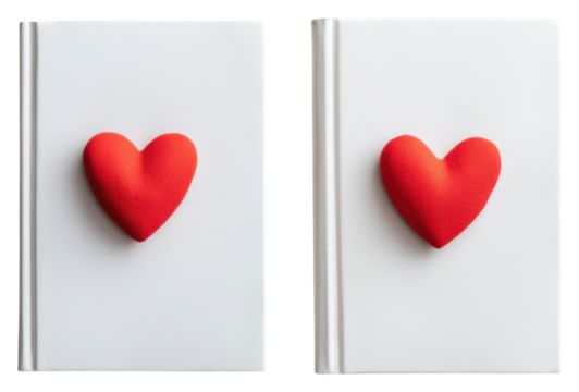 A pair of white books featuring a prominent red heart shape on their covers, symbolizing love and affection.