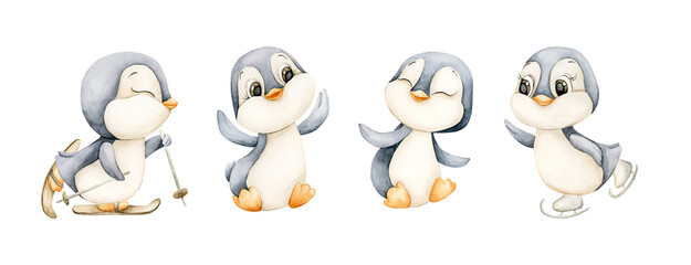 Cute Penguins Set. Arctic North animal Watercolor hand drawn illustration isolated on white background for winter design