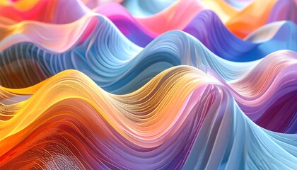 A vibrant, abstract illustration showcasing undulating, layered strands in a spectrum of bright colors, creating a textured, wavy surface
