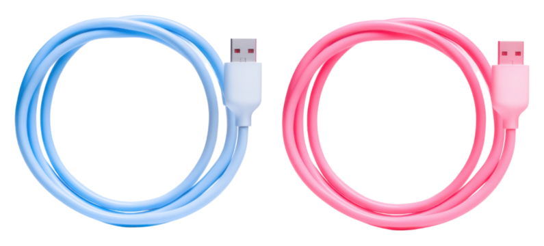 Two USB cables in blue and pink colors, each coiled neatly with connectors at one end.