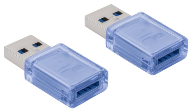 Two blue USB adapters featuring a sleek design with metal connectors for device connectivity.