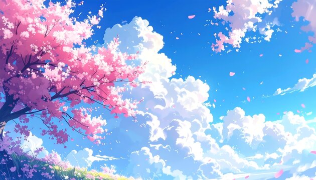 A vibrant anime-style depiction of a flowering cherry blossom tree with pink petals under a blue sky filled with fluffy white clouds
