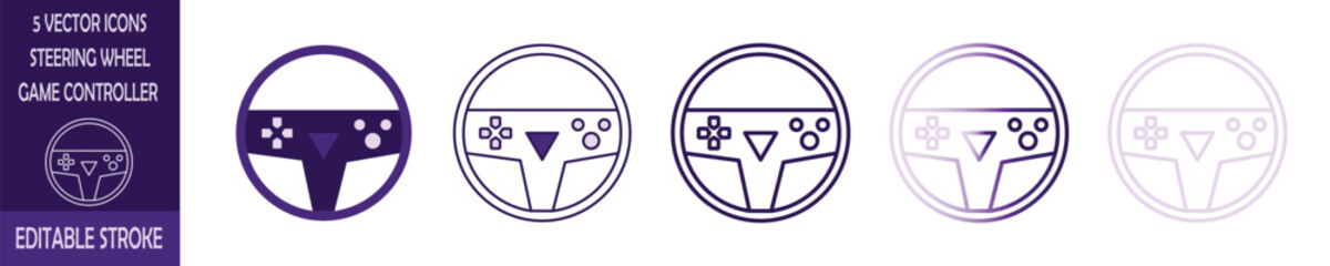 Set of 5 Steering Wheel Game Controller Vector Icons with Editable Stroke on Transparent Background